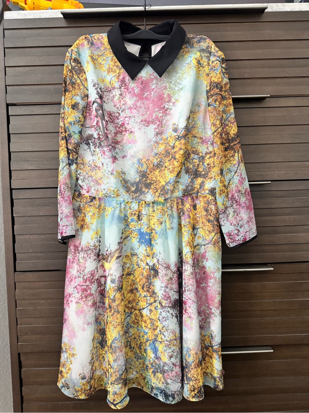 Ted Baker Bird Blossom Print Fit & Flare Dress Black Collar Long Sleeve Sz 3